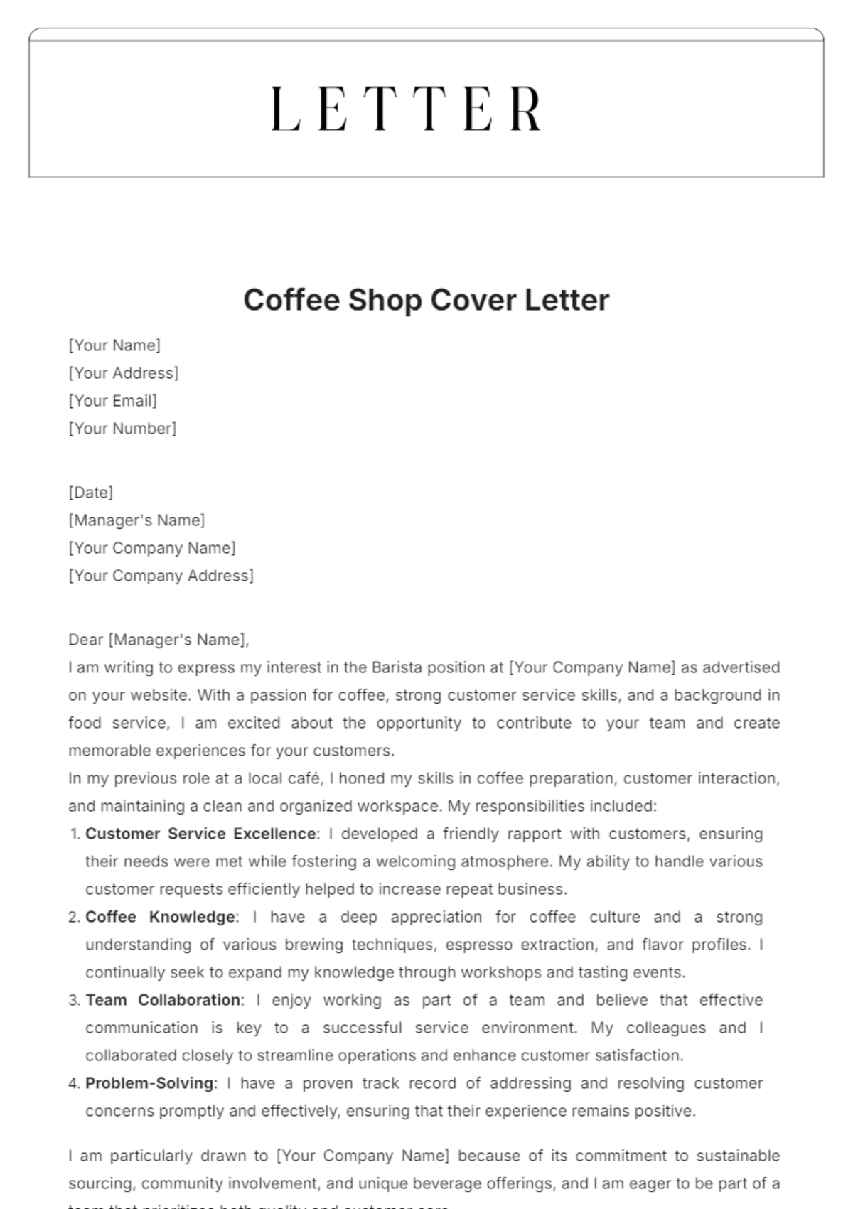 Coffee Shop Cover Letter Template - Edit Online & Download