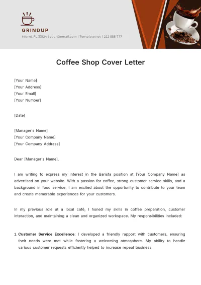 Free Coffee Shop Cover Letter Template to Edit Online