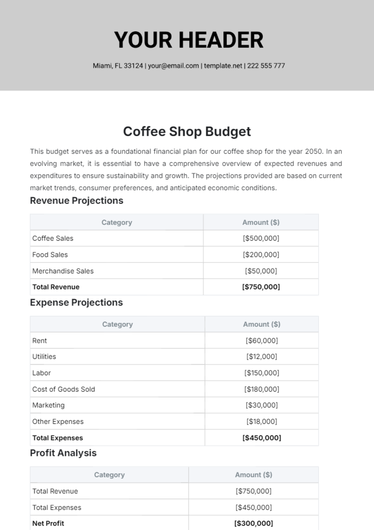 Coffee Shop Budget Template - Edit Online & Download