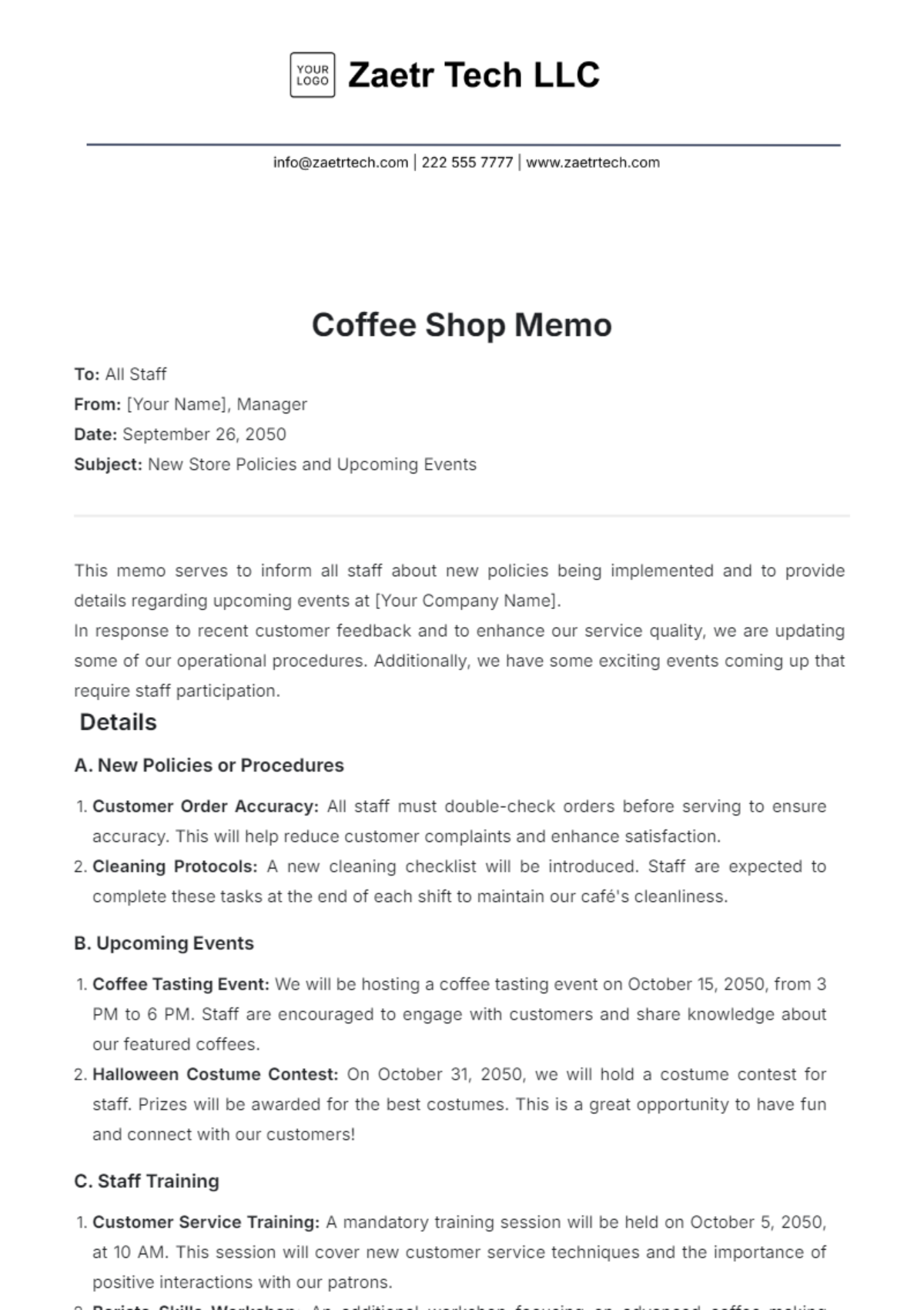 Coffee Shop Memo Template - Edit Online & Download