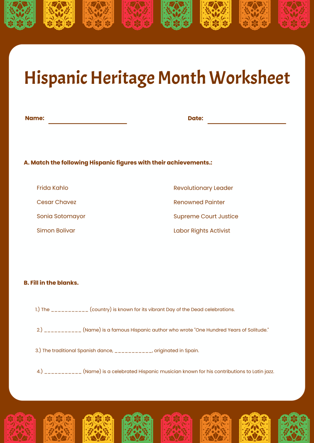 Hispanic Heritage Month Worksheet Template - Edit Online & Download