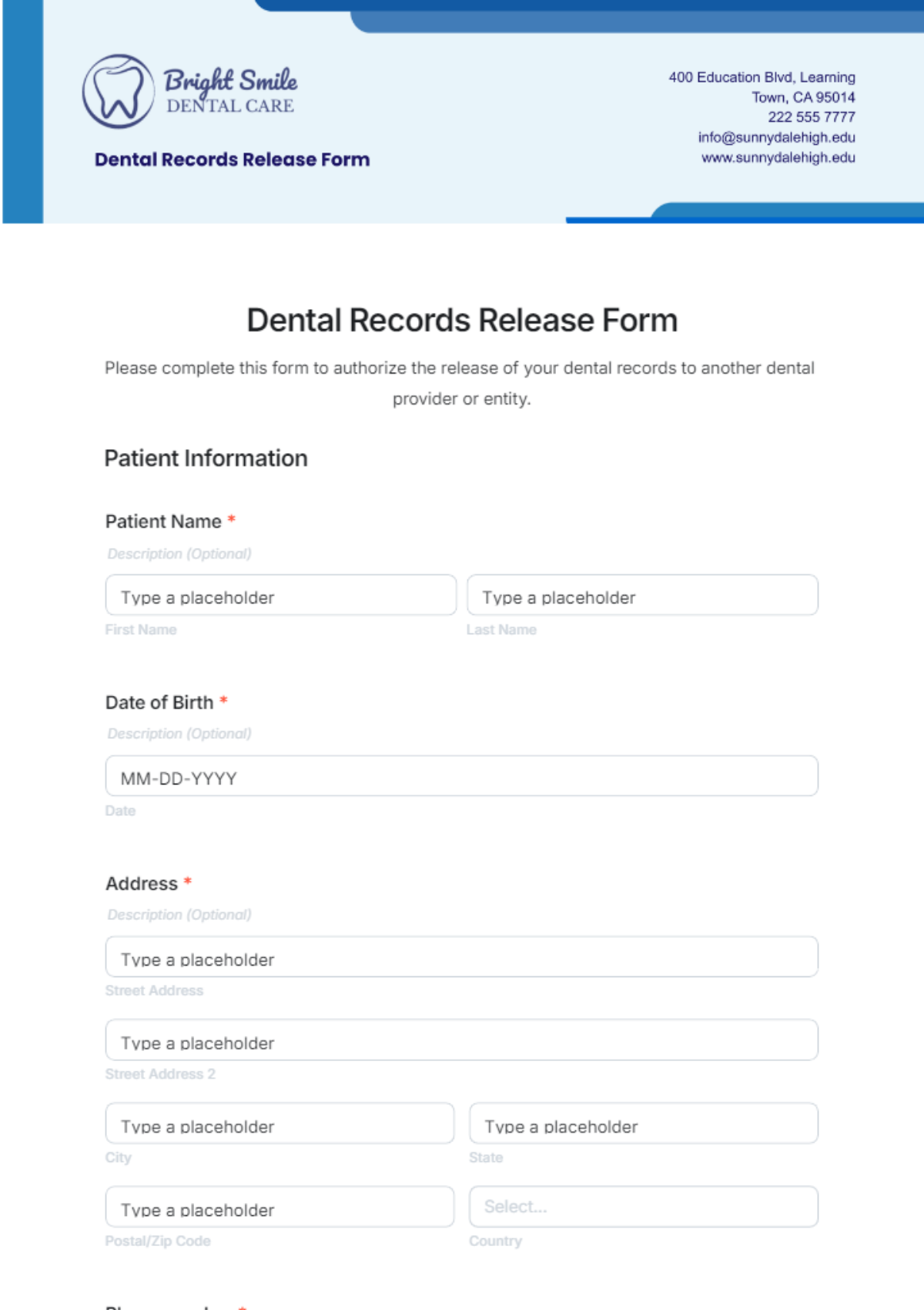 Dental Records Release Form Template