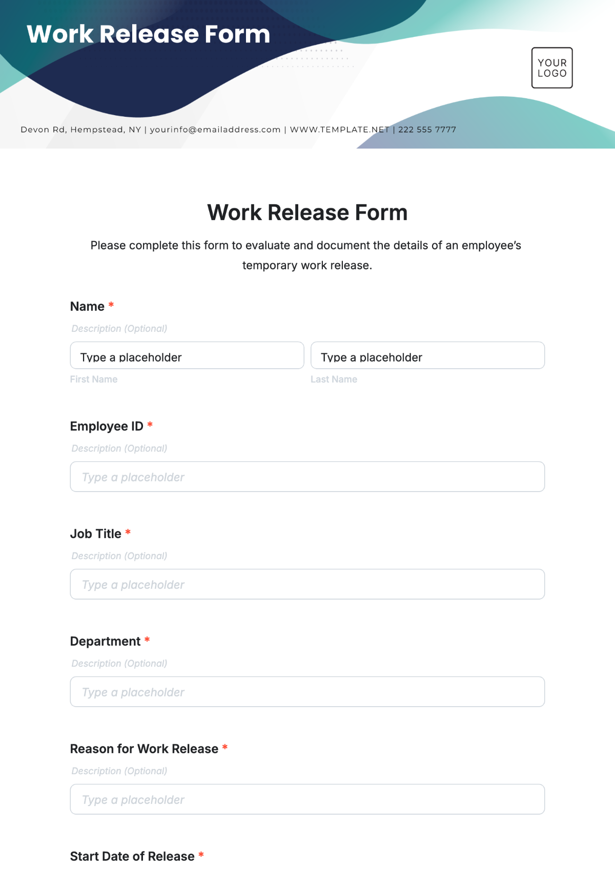 Work Release Form Template