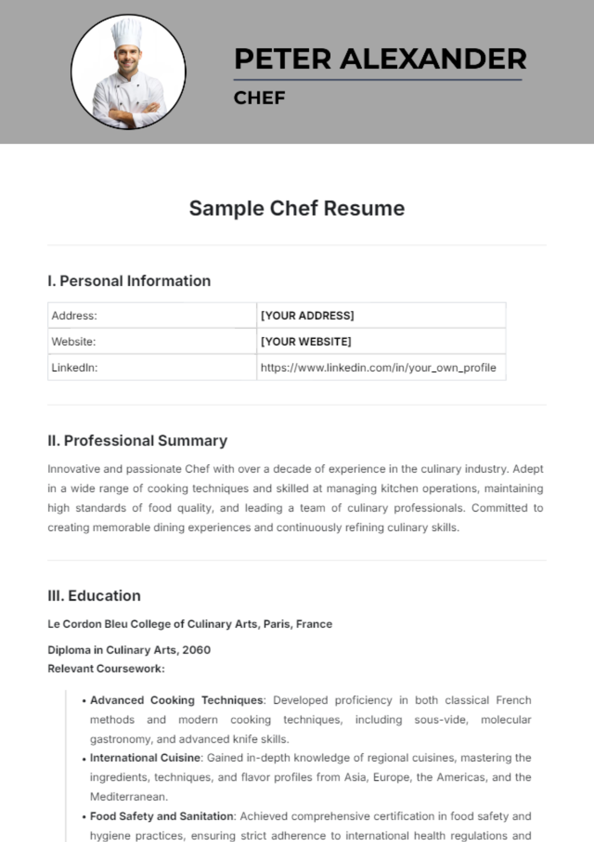 Sample Chef Resume Template - Edit Online & Download