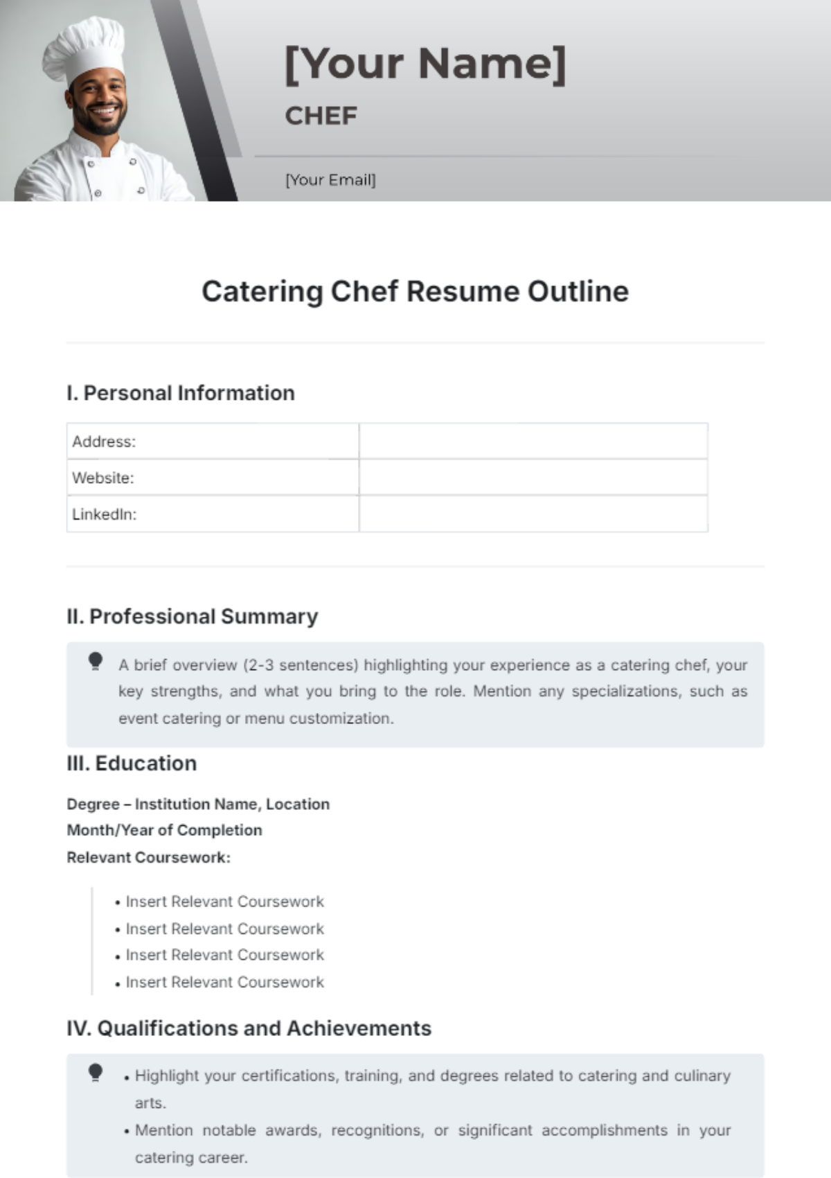 Catering Chef Resume Outline Template - Edit Online & Download