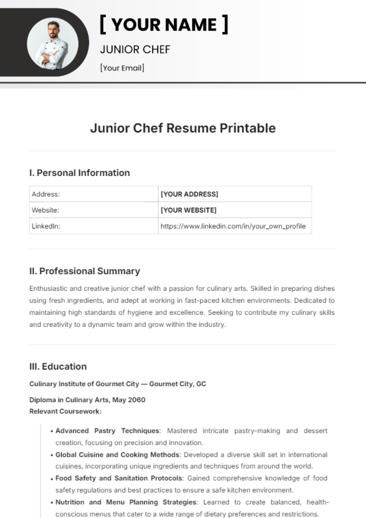 Junior Chef Resume Printable Template - Edit Online & Download