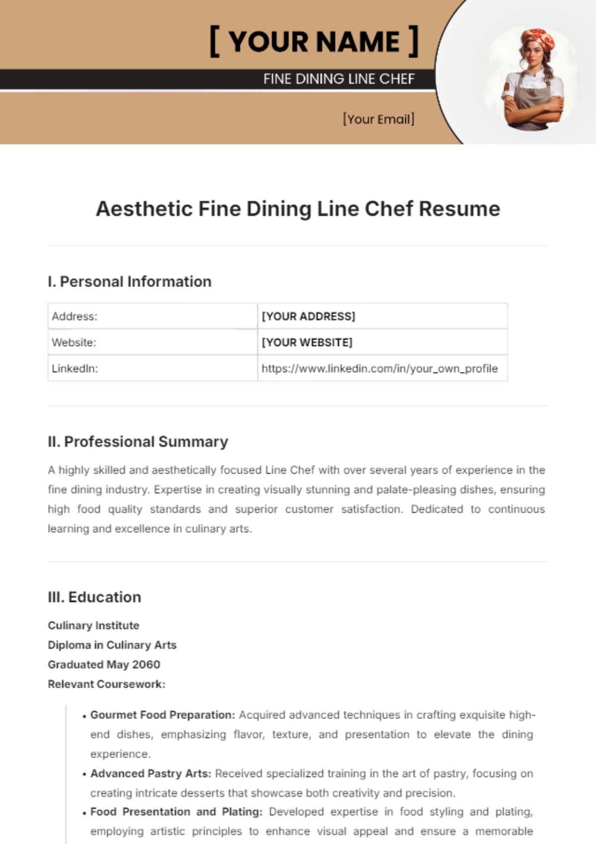 Aesthetic Fine Dining Line Chef Resume Template - Edit Online & Download