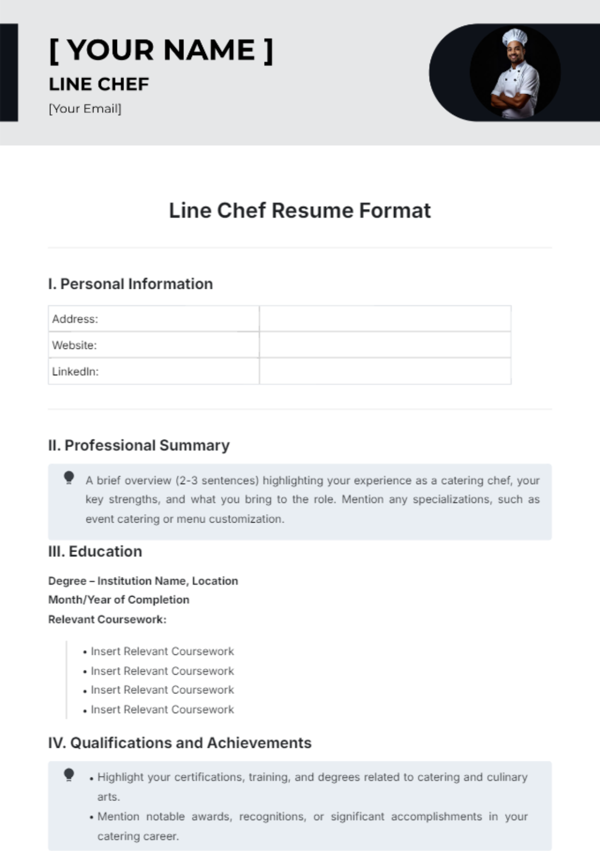 Line Chef Resume Format Template - Edit Online & Download