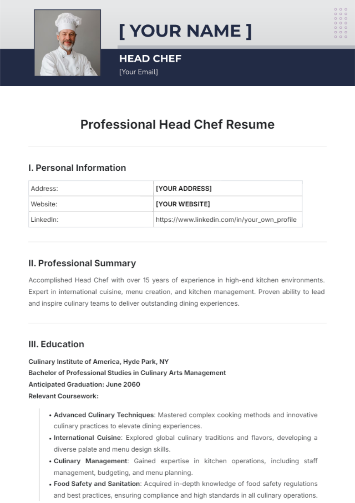 Professional Head Chef Resume Template - Edit Online & Download