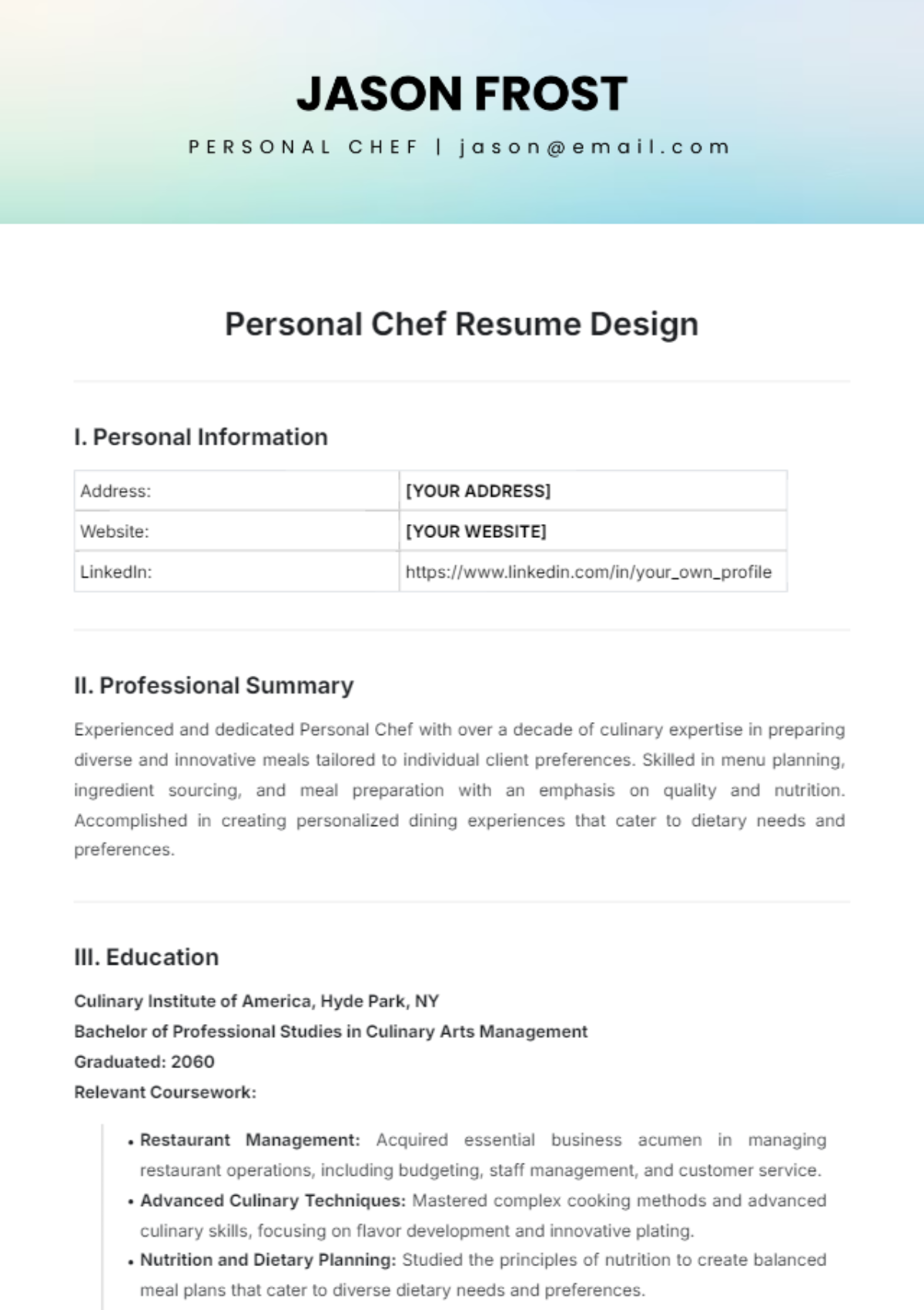 Personal Chef Resume Design Template - Edit Online & Download