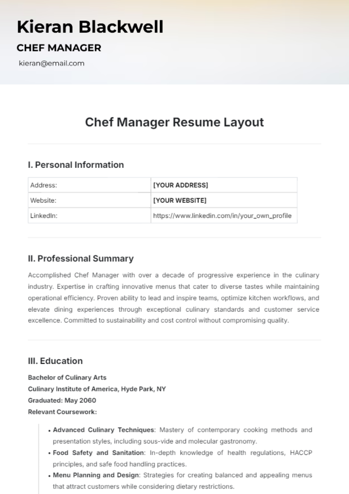 Chef Manager Resume Layout Template - Edit Online & Download