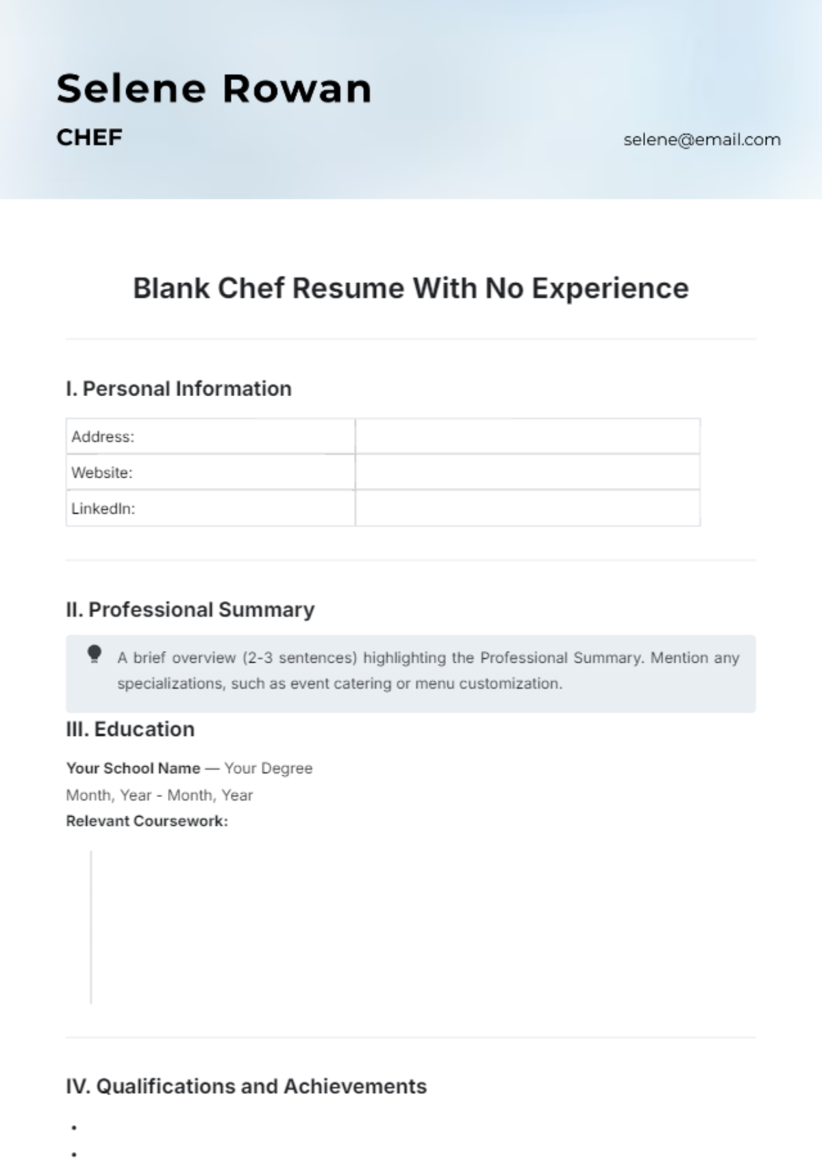 Blank Chef Resume With No Experience Template - Edit Online & Download