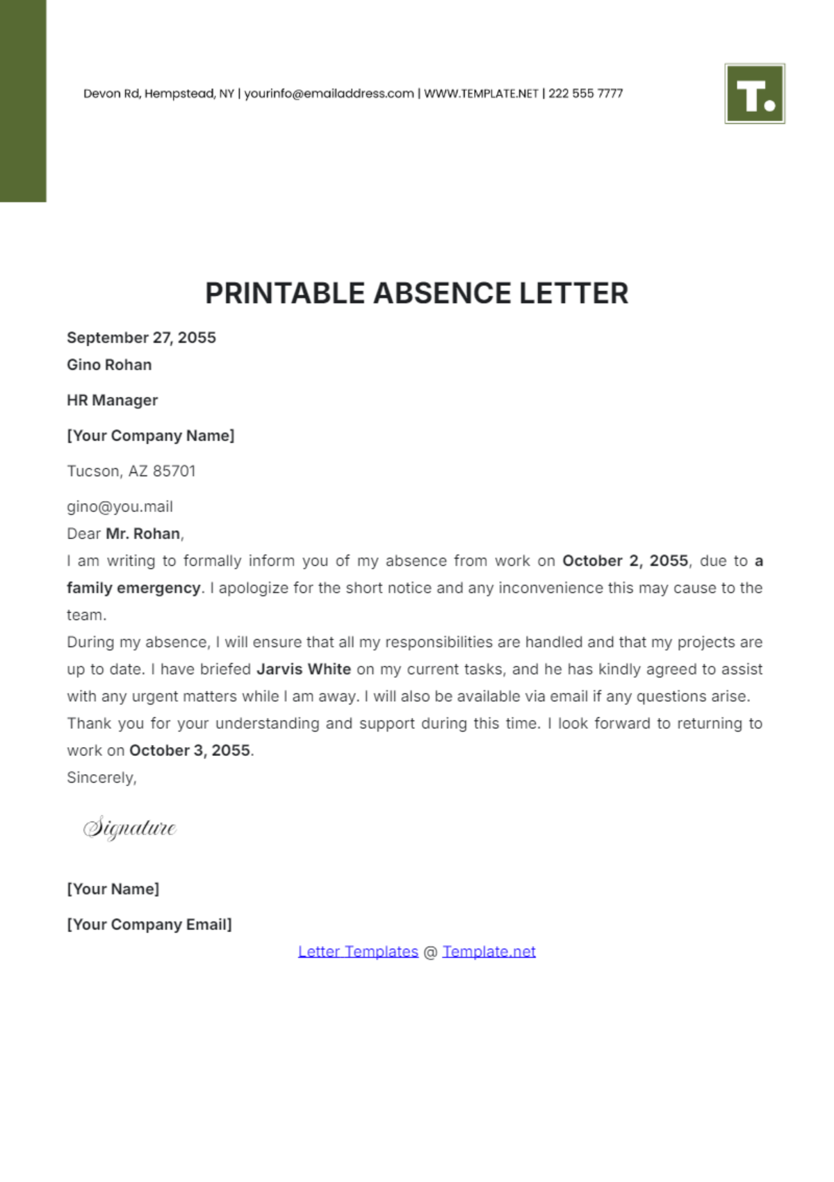 Printable Absence Letter Template - Edit Online & Download