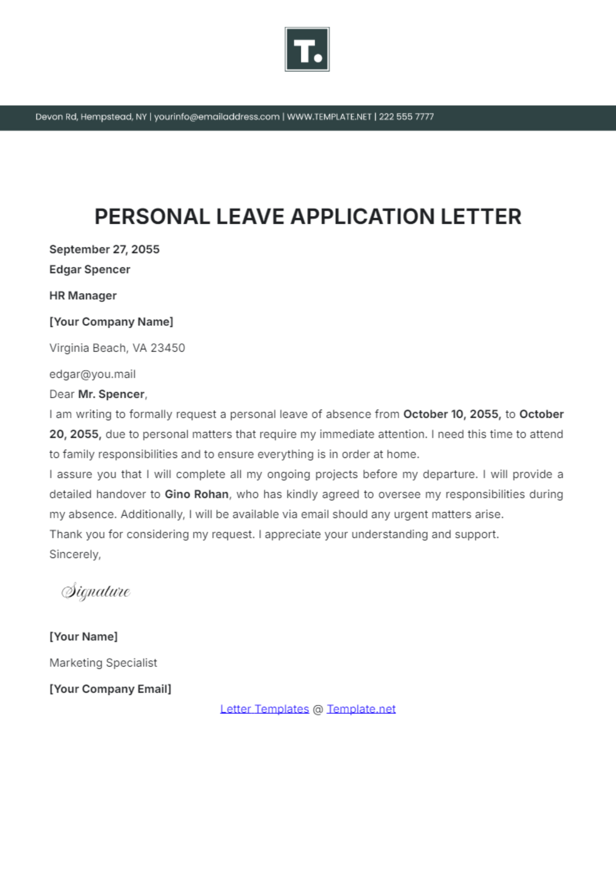 Personal Leave Application Letter Template - Edit Online & Download