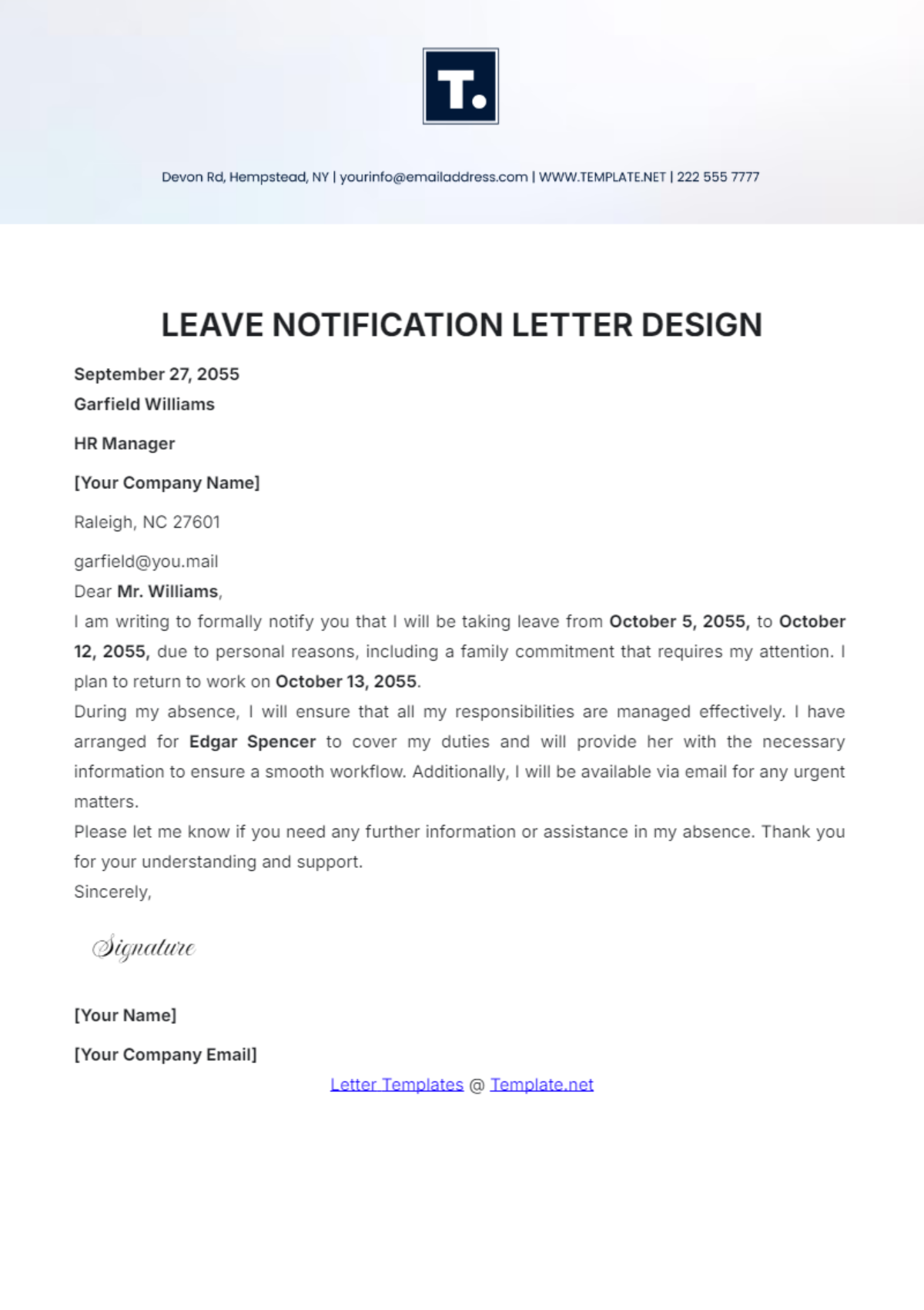 Leave Notification Letter Design Template - Edit Online & Download