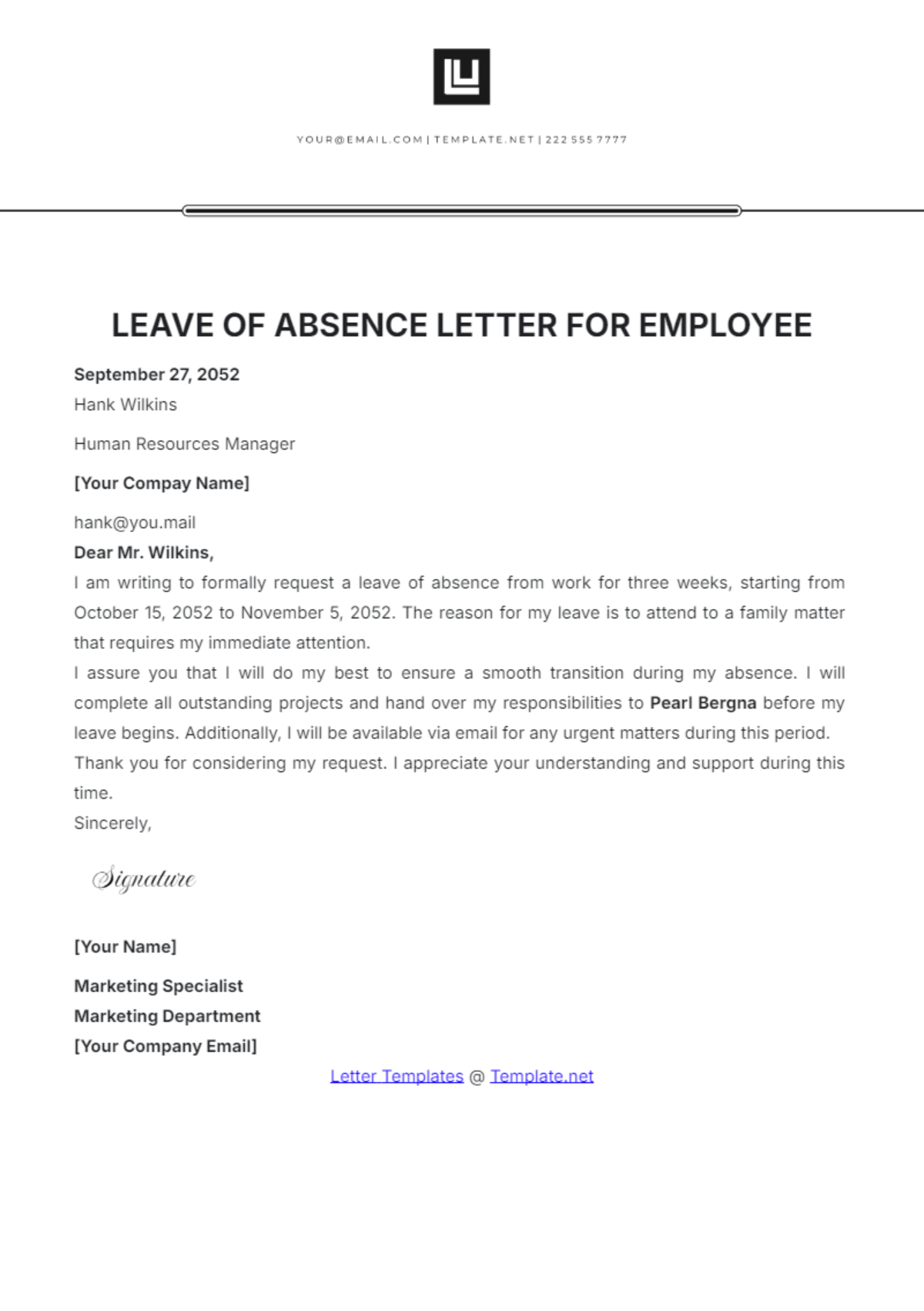 Leave of Absence Letter for Employee Template - Edit Online & Download