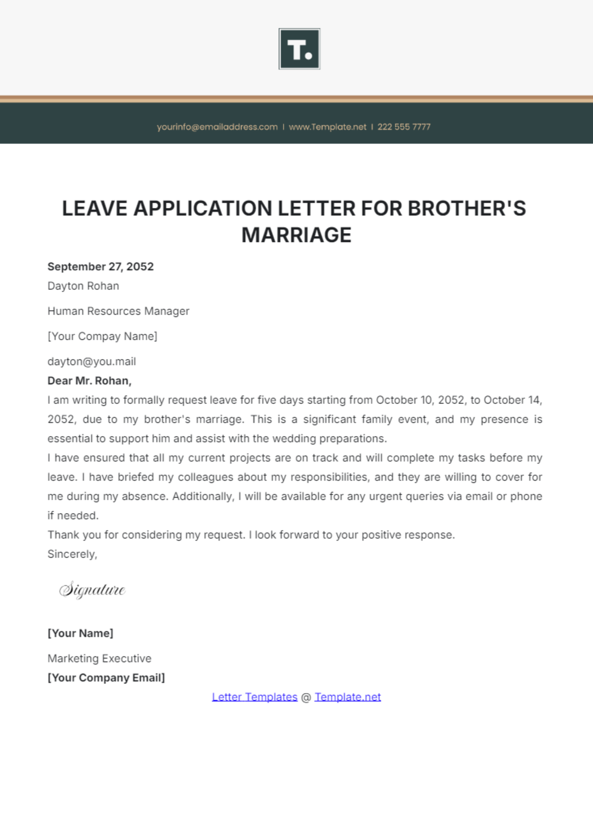 Leave Application Letter for Brother’s Marriage Template - Edit Online & Download