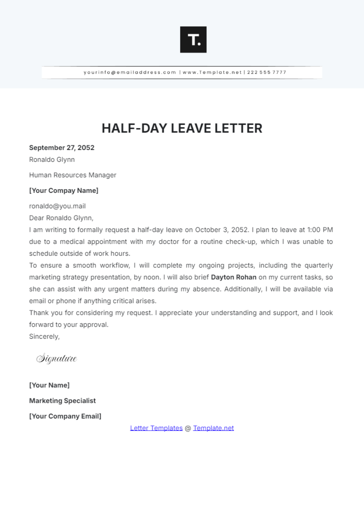 Half-Day Leave Letter Template - Edit Online & Download