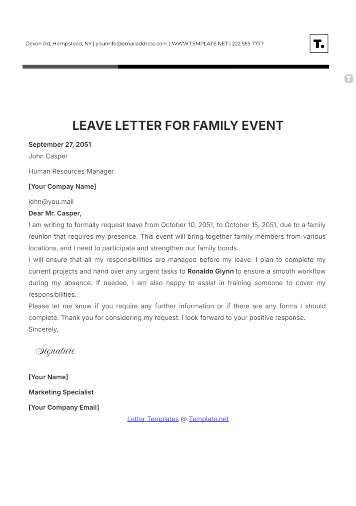 Leave Letter for Family Event Template - Edit Online & Download