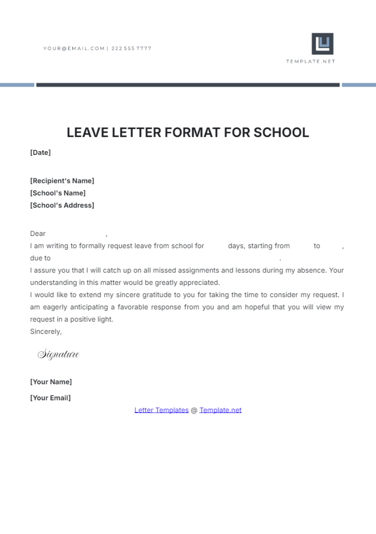 Leave Letter Format for School Template - Edit Online & Download