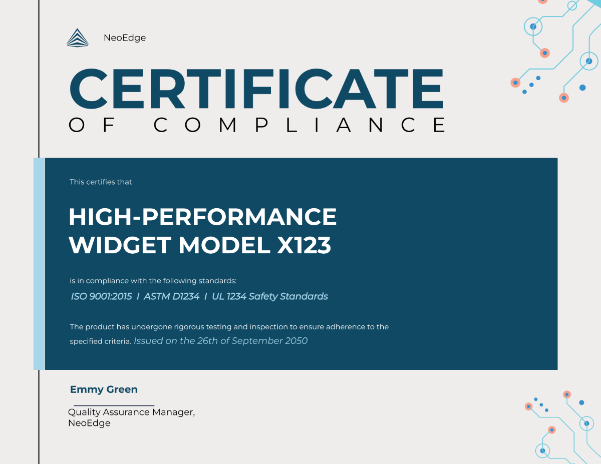 Certificate of Compliance for Manufacturing Template