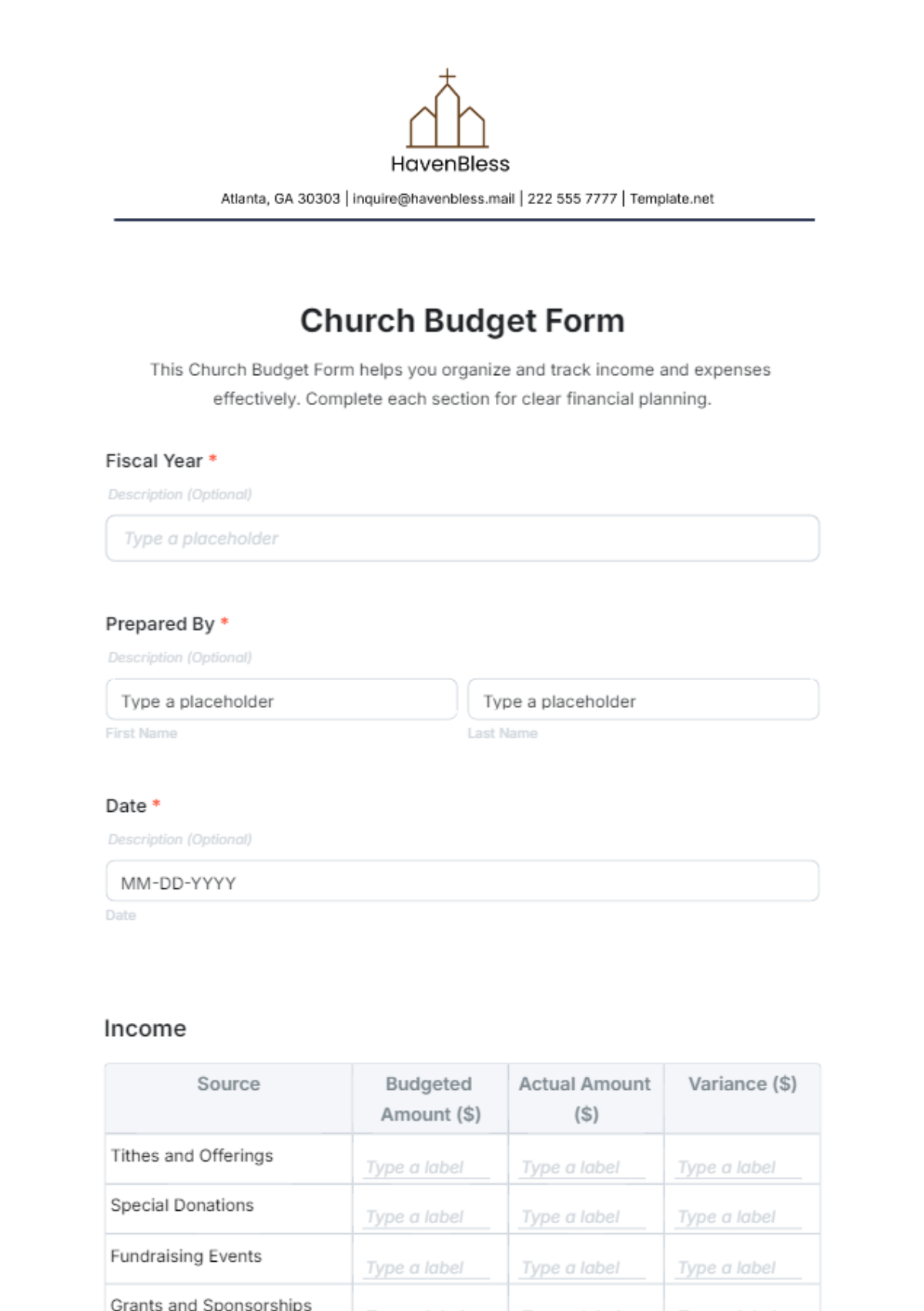 Church Budget Form Template