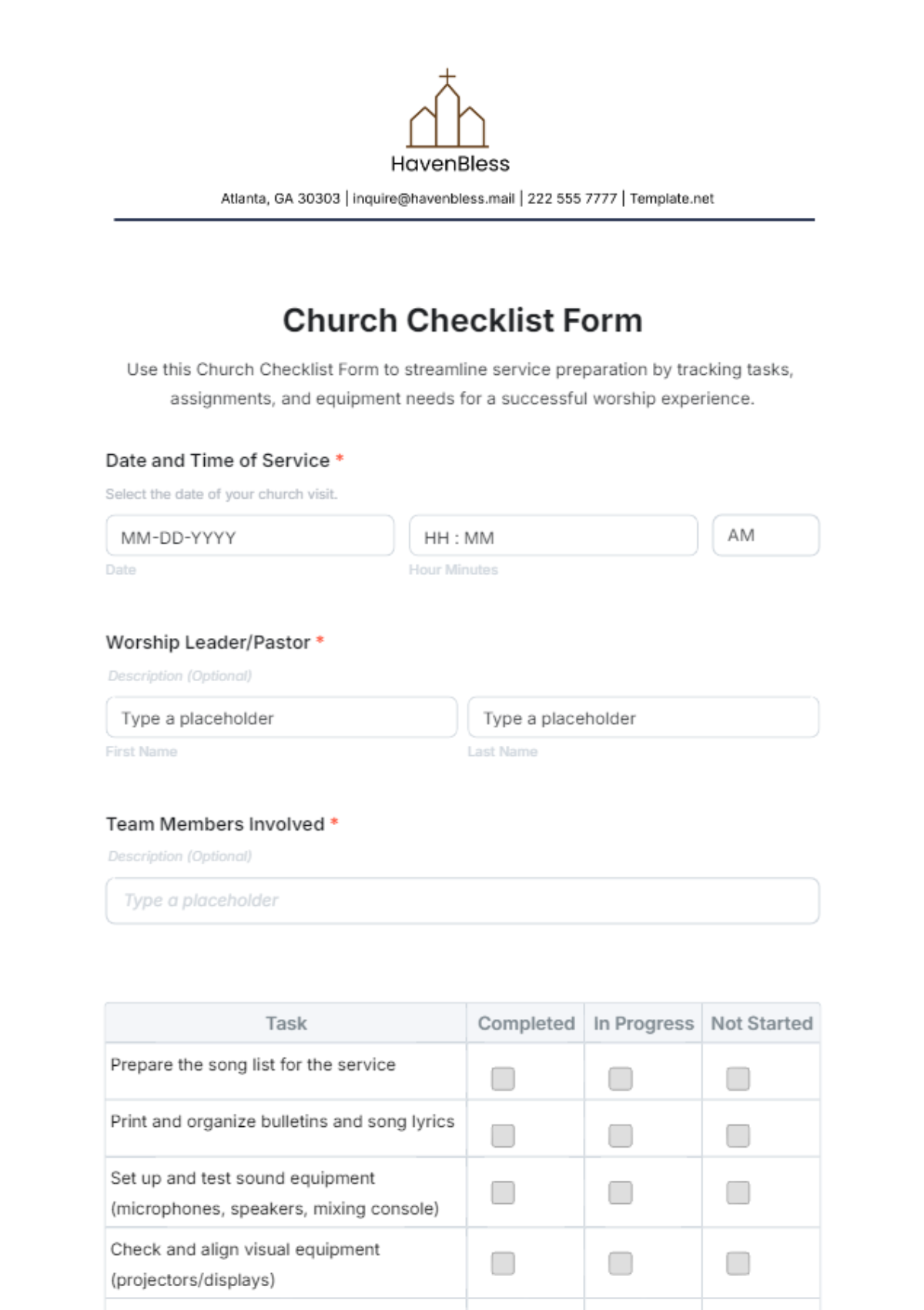 Church Checklist Form Template