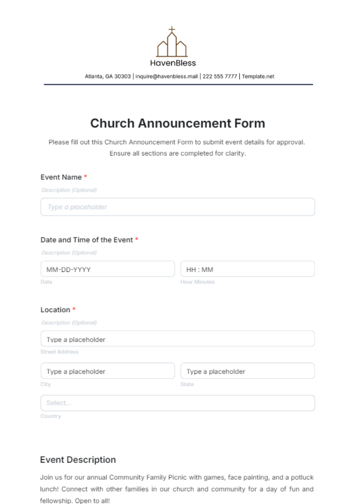 Church Announcement Form Template