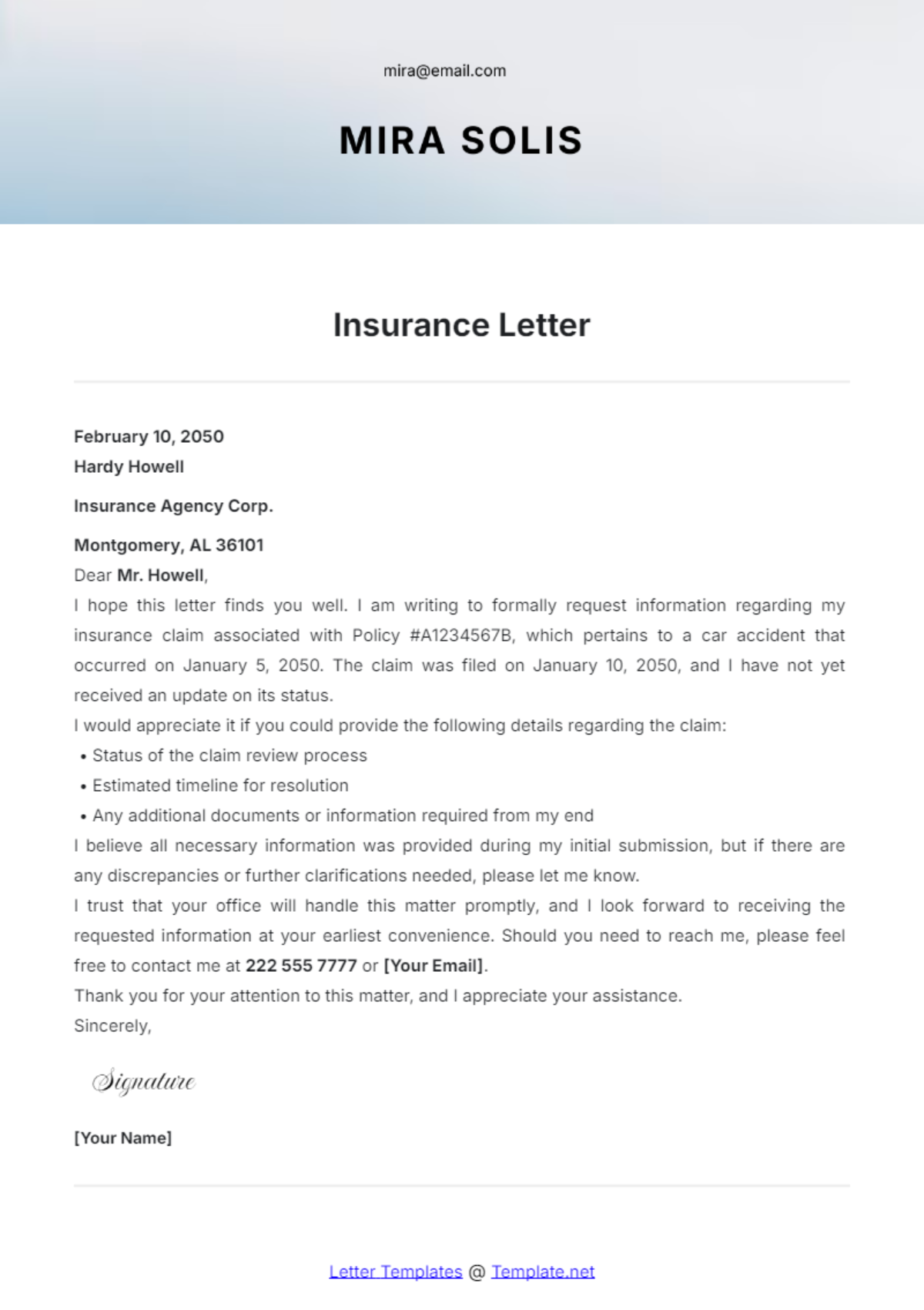 Insurance Letter Template