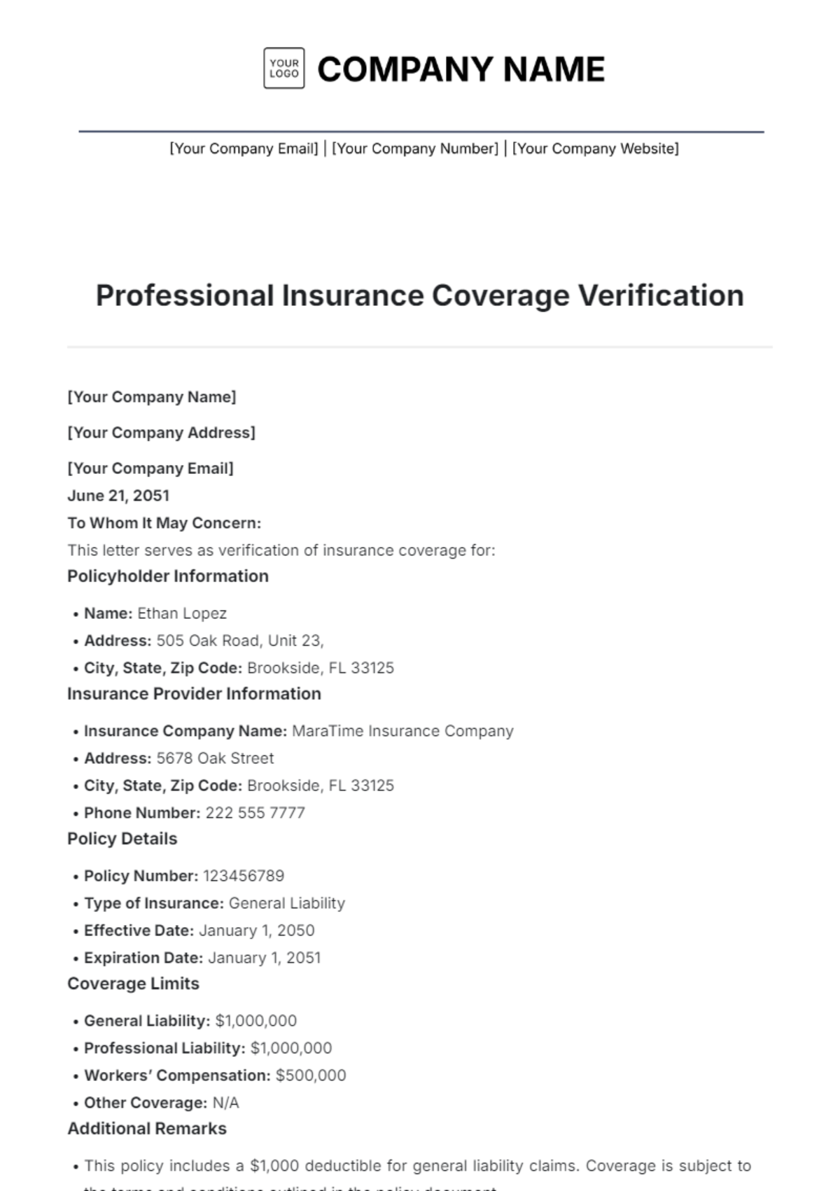 Professional Insurance Coverage Verification Template - Edit Online & Download