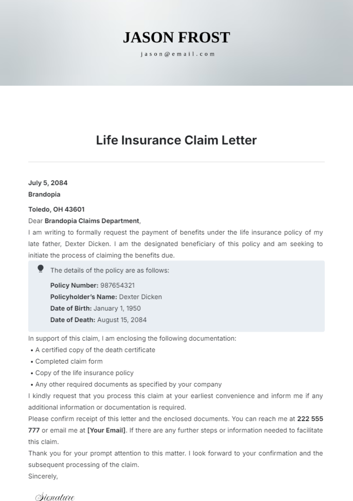 Life Insurance Claim Letter Template - Edit Online & Download