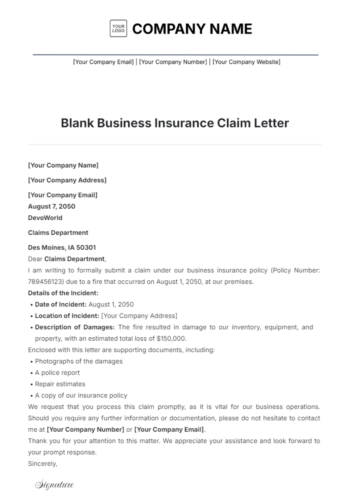 Blank Business Insurance Claim Letter Template