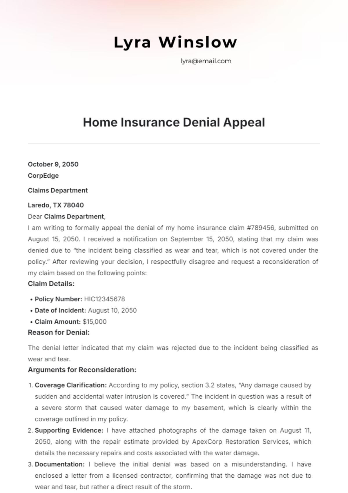 Home Insurance Denial Appeal Template