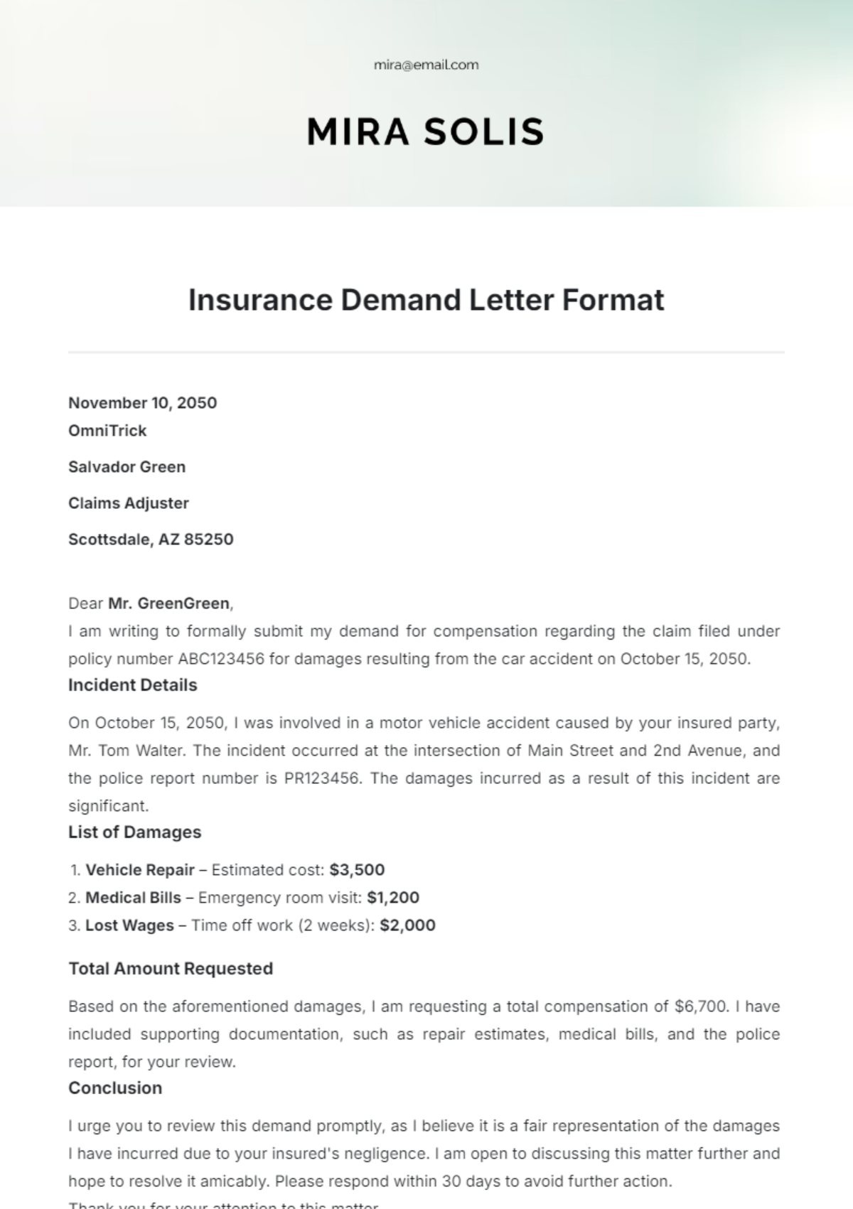 Insurance Demand Letter Format Template - Edit Online & Download