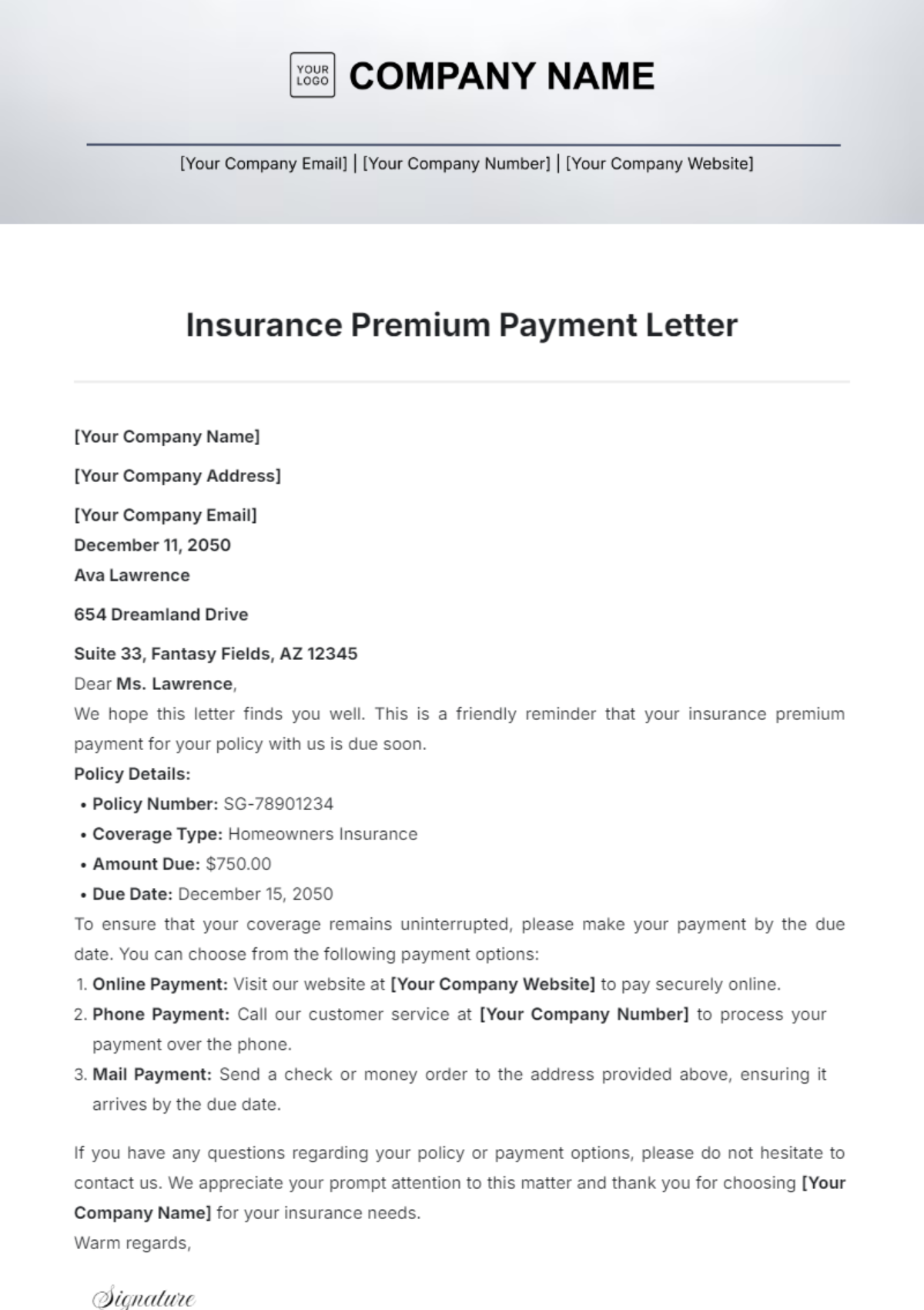 Insurance Premium Payment Letter Template - Edit Online & Download