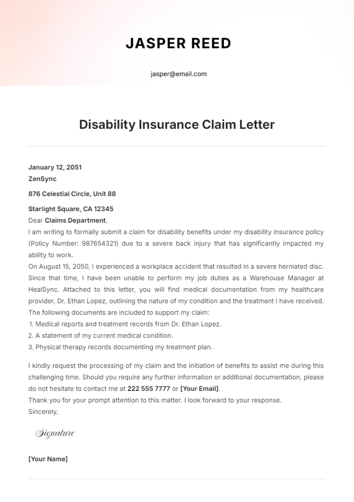 Disability Insurance Claim Letter Template - Edit Online & Download