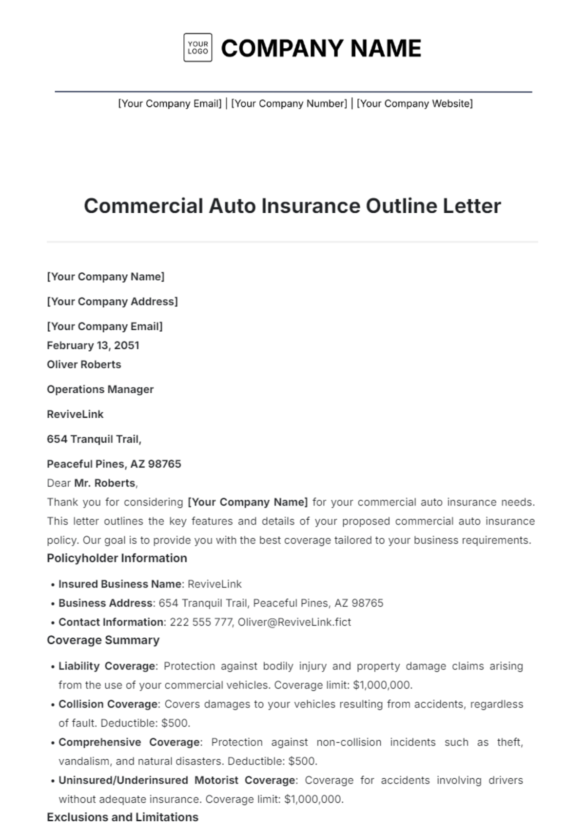 Commercial Auto Insurance Outline Letter Template - Edit Online & Download