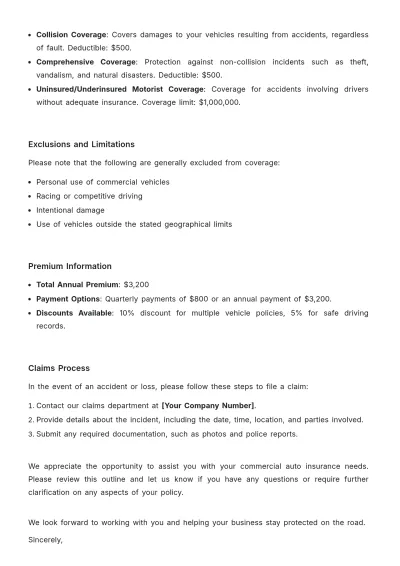 Free Commercial Auto Insurance Outline Letter Template to Edit Online