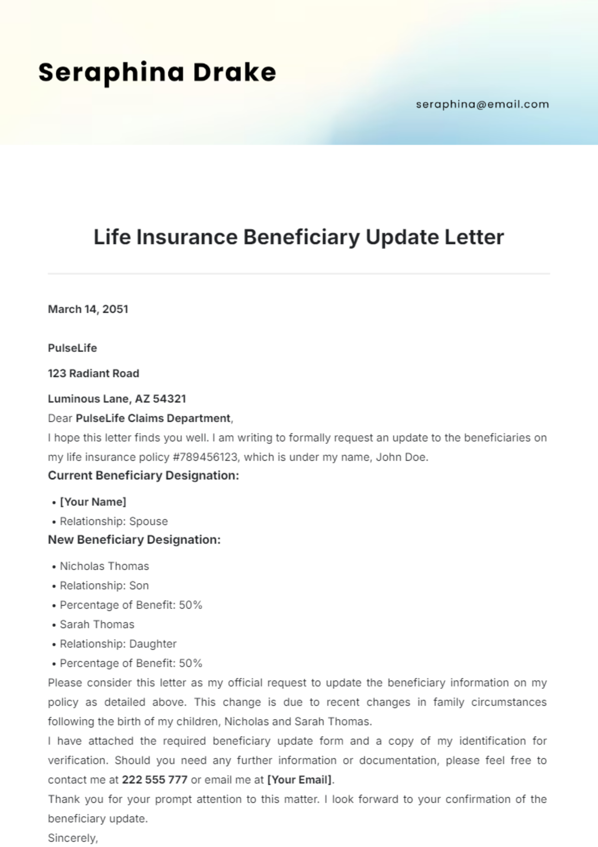 Life Insurance Beneficiary Update Letter Template - Edit Online & Download