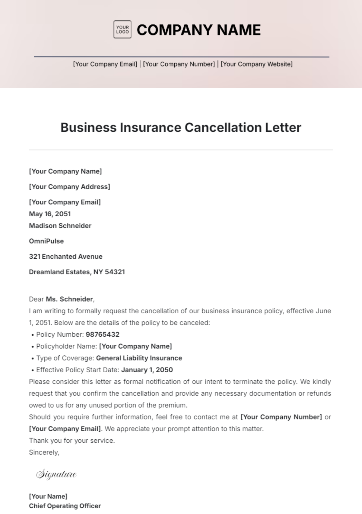 Business Insurance Cancellation Letter Template - Edit Online & Download