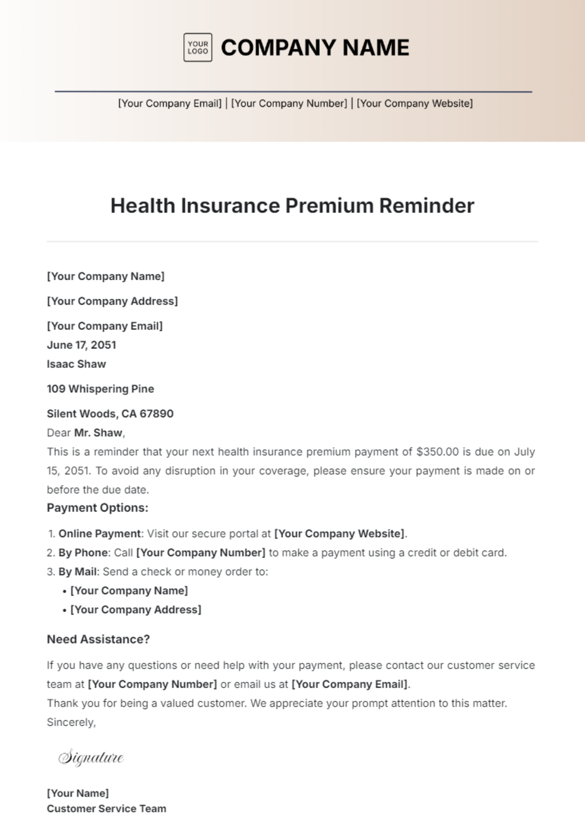 Health Insurance Premium Reminder Template