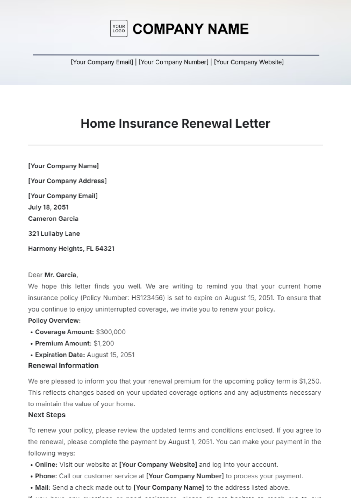 Home Insurance Renewal Letter Template