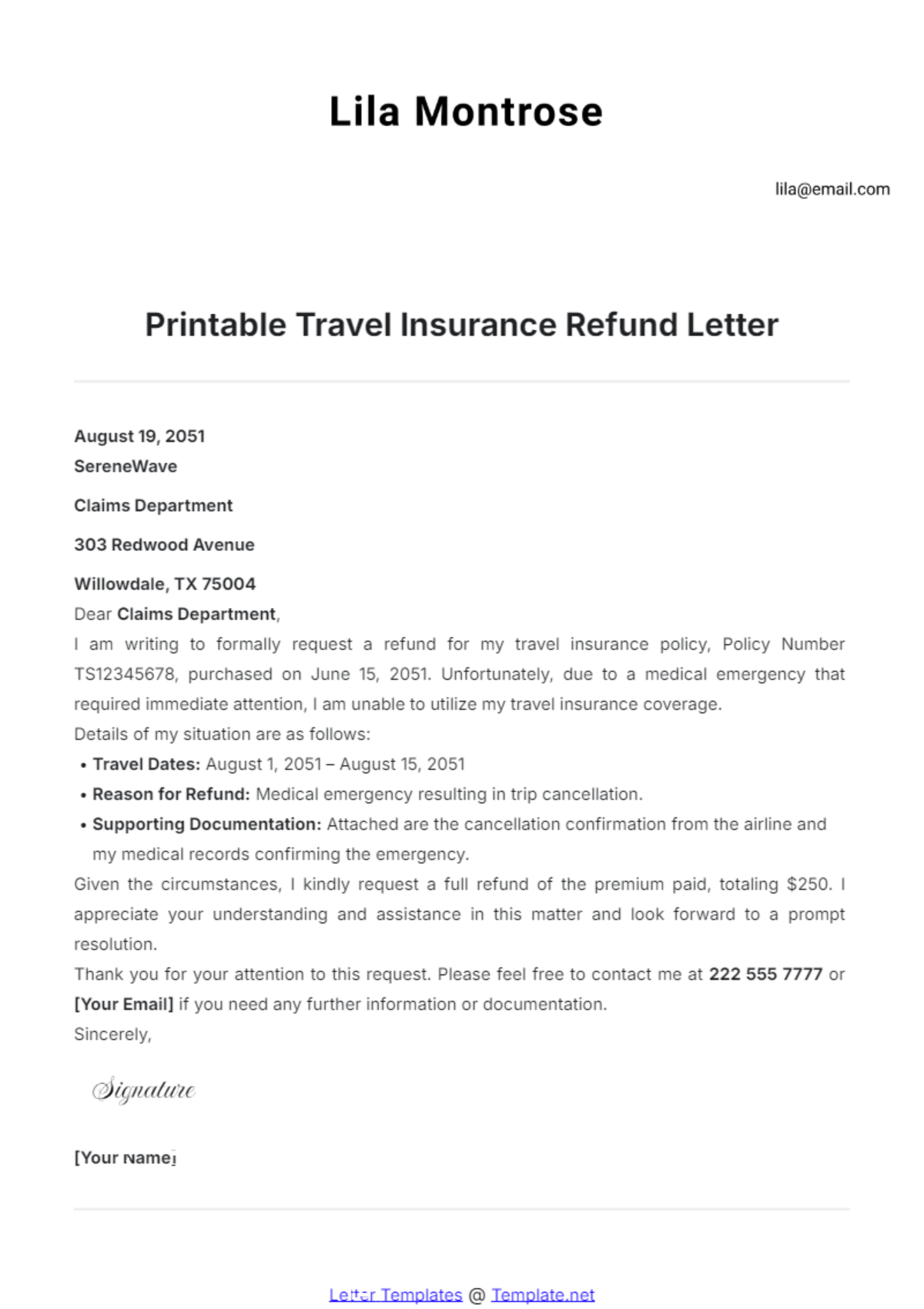 Printable Travel Insurance Refund Letter Template