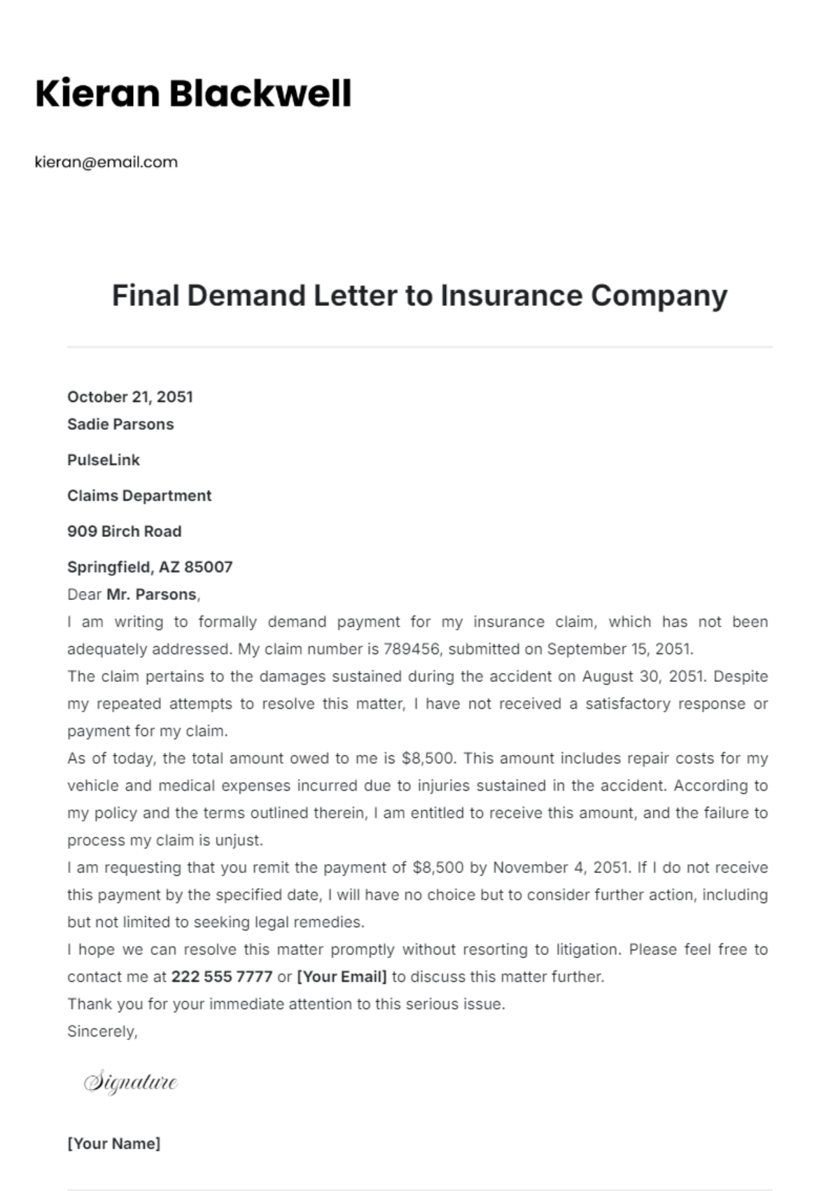 Final Demand Letter to Insurance Company Template