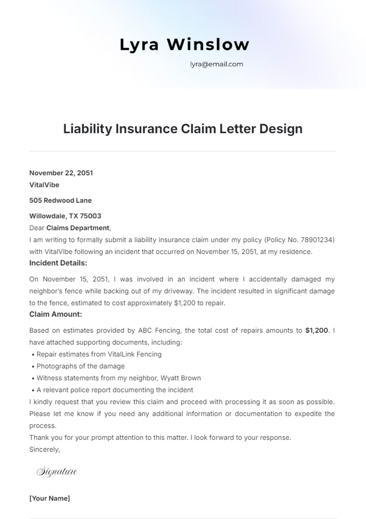 Liability Insurance Claim Letter Design Template