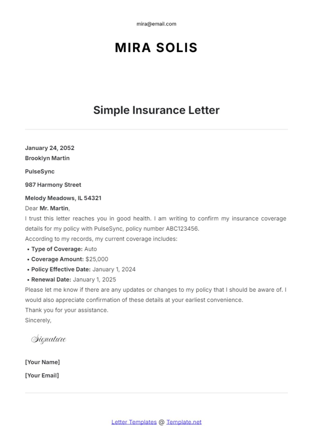 Free Simple Insurance Letter Template - Edit Online & Download ...