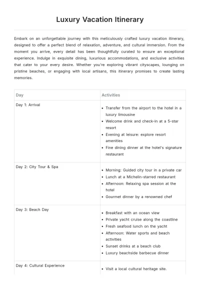 Free Luxury Vacation Itinerary Template to Edit Online