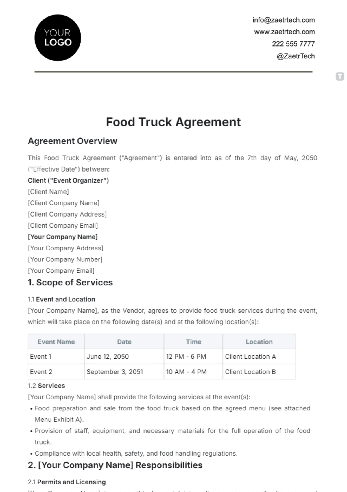 Food Truck Agreement Template - Edit Online & Download