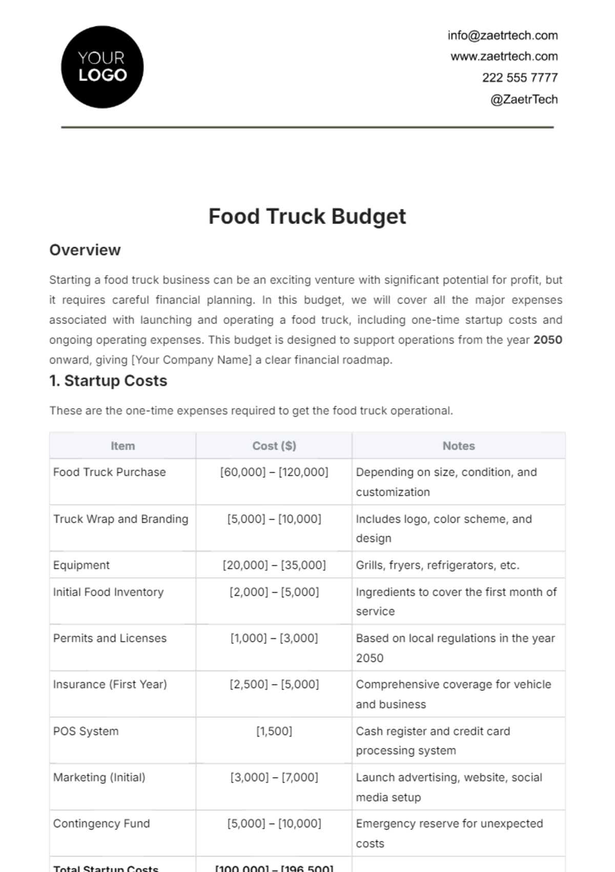 Food Truck Budget Template - Edit Online & Download