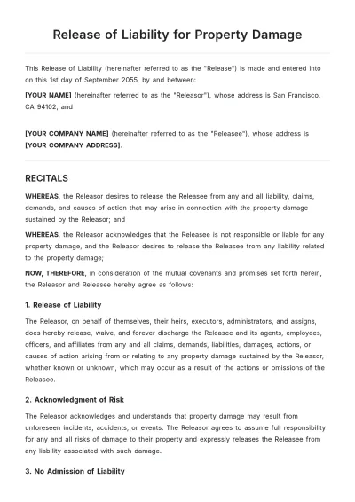 Free Release of Liability for Property Damage Template to Edit Online